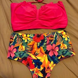 Pink bandeau bikini top & two floral swim bottoms